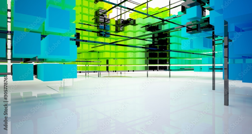 Obraz premium Abstract white and colored gradient interior from array cubes with large window. 3D illustration and rendering.