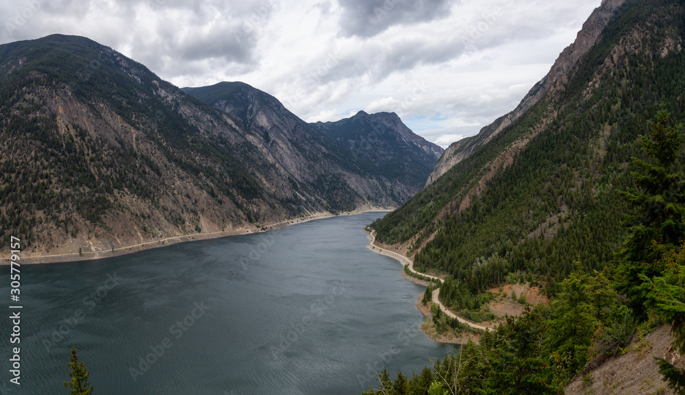 Beautiful Panoramic Aerial View of Carpenter Lake during a cloudy summer day. Located between Gold Bridge and Lillooet in the interior British Columbia, Canada.