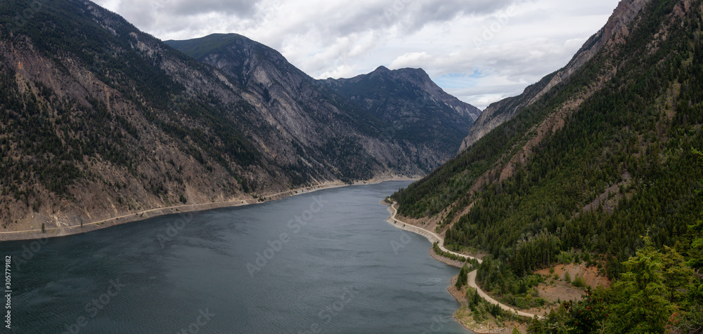 Beautiful Panoramic Aerial View of Carpenter Lake during a cloudy summer day. Located between Gold Bridge and Lillooet in the interior British Columbia, Canada.