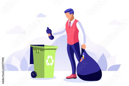 Protection from trash, ecology on geography of the planet surface, poster. Bio saving from pollution, sign of throw in a bin ecologic container, people for recycling. Flat vector illustration.
