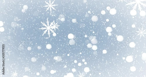 Abstract Snowflakes Background. Winter Snowflakes and star glow Christmas looped. Falling snow. Beautiful and delicate snowy backdrop. Animated decoration for greeting cards, intro, presentations
