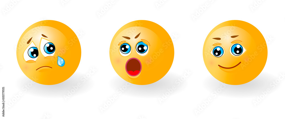 Set of yellow cute happy smiling, sad crying and suprised or angry emoticons. Faces emotions. Facial expression, mood. 3d realistic emoji. Funny cartoon character.Web icon. Vector eps10 illustration