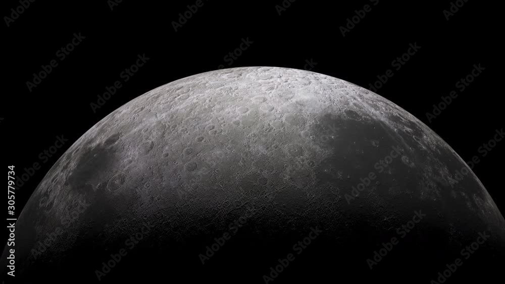 Bright moon slowly turning in space concept with deep shadows over the surface Bright moon slowly turning in space concept with deep shadows over the surface