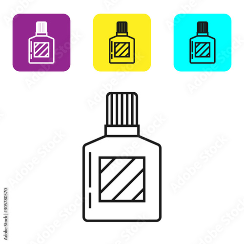 Black line Aftershave icon isolated on white background. Cologne spray icon. Male perfume bottle. Set icons colorful square buttons. Vector Illustration