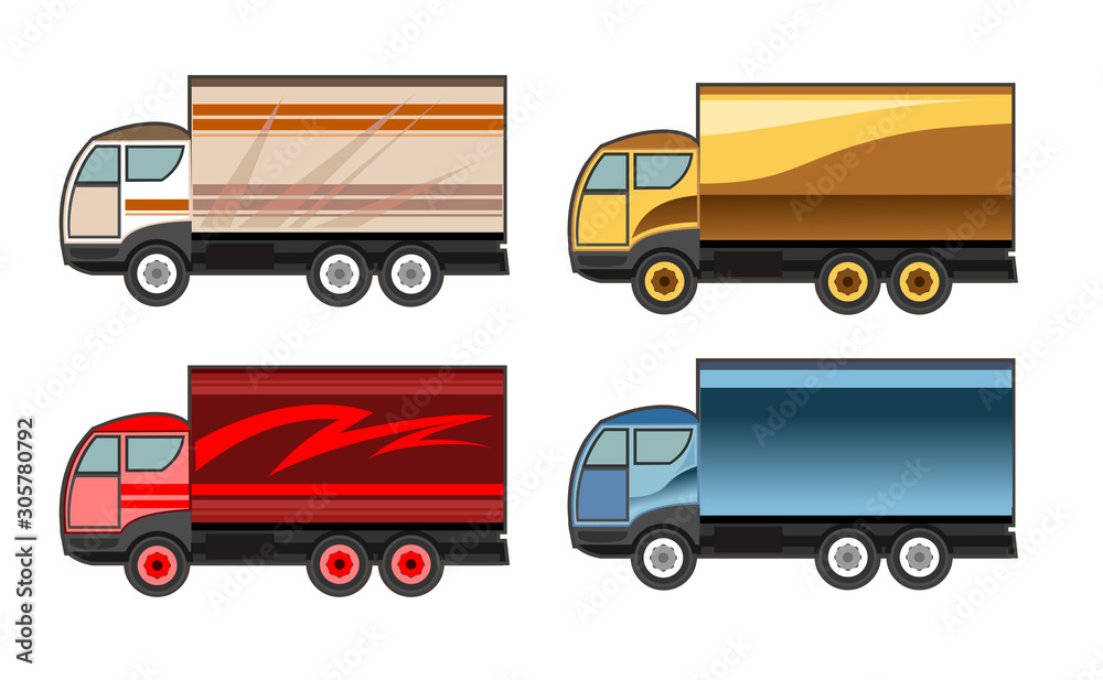 Fototapeta premium Little car truck. Set.Vector. Cartoon. Flat. A small truck for transporting goods. Cargo services. Auto freight.Delivery consignment. Dispatch machine shipment. Logistics lading. Truck weight, burden.