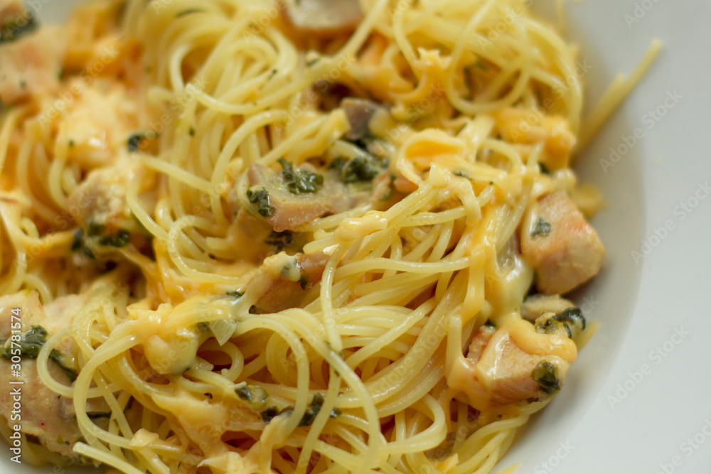 chicken breast with vegetables and mushrooms in a creamy sauce with pasta chicken breast with vegetables and mushrooms in a creamy sauce with pasta