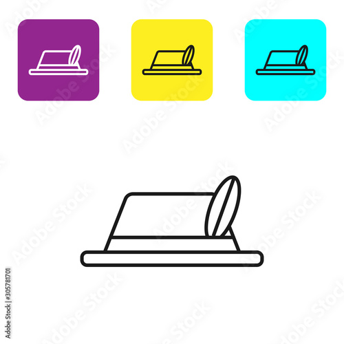 Black line Oktoberfest hat icon isolated on white background. Hunter hat with feather. German hat. Set icons colorful square buttons. Vector Illustration