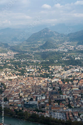 View over the city of Trento, Hills in the Background, Clouds and rainy weather,