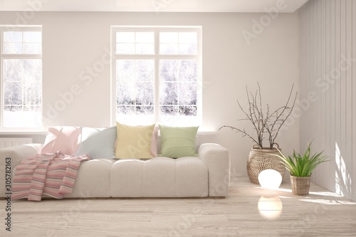 Stylish room in white color with sofa and winter landscape in window. Scandinavian interior design. 3D illustration