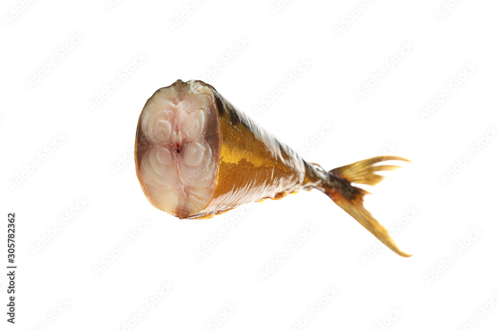 Tail of tasty smoked fish isolated on white Tail of tasty smoked fish isolated on white