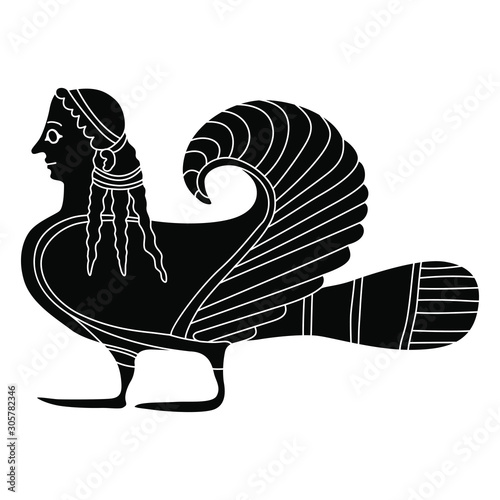 Ancient Greek siren or harpy. Fantastic bird woman. Vase painting style. Mythological creature.	Black and white linear silhouette.
