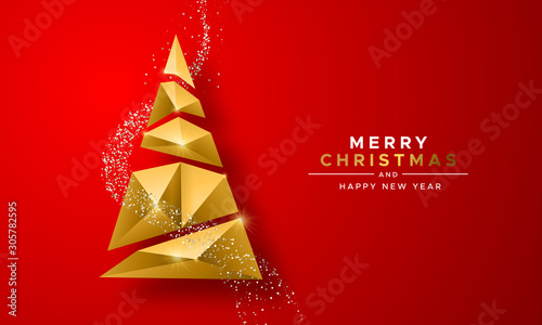 Christmas New Year gold 3d low poly tree red card