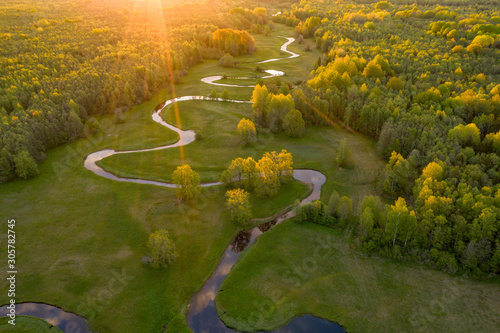 Forest in summer colors. Green deciduous trees and winding blue river in sunset. Mulgi meadow, Estonia, Europe photo