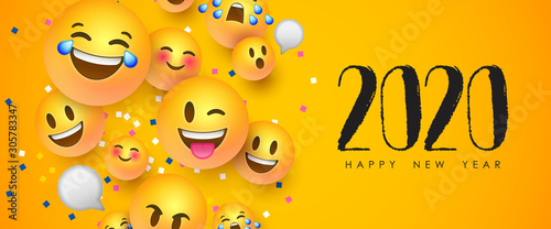 New year 2020 funny 3d smiley face chat icon card
