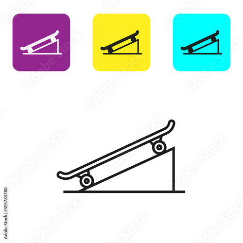 Black line Skateboard on street ramp icon isolated on white background. Extreme sport. Sport equipment. Set icons colorful square buttons. Vector Illustration