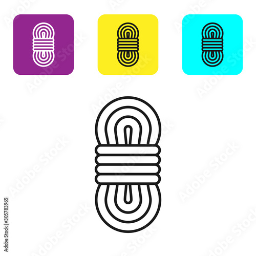 Black line Climber rope icon isolated on white background. Extreme sport. Sport equipment. Set icons colorful square buttons. Vector Illustration