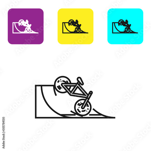 Black line Bicycle on street ramp icon isolated on white background. Skate park. Extreme sport. Sport equipment. Set icons colorful square buttons. Vector Illustration