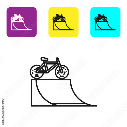 Black line Bicycle on street ramp icon isolated on white background. Skate park. Extreme sport. Sport equipment. Set icons colorful square buttons. Vector Illustration