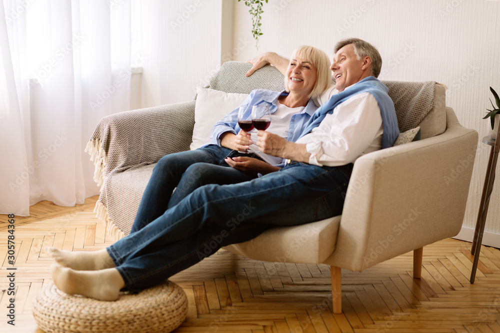 Happy retirement. Senior couple drinking wine and watching tv