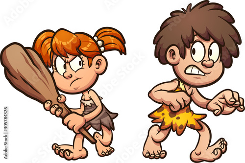 Cartoon prehistoric boy and girl walking scared clip art. Vector illustration with simple gradients. Each on a separate layer. 