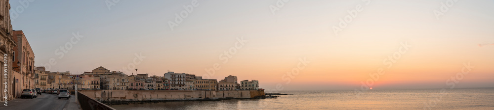 Sunrise over the baroque city Ortygia island in the province of Syracuse in Sicily, south Italy