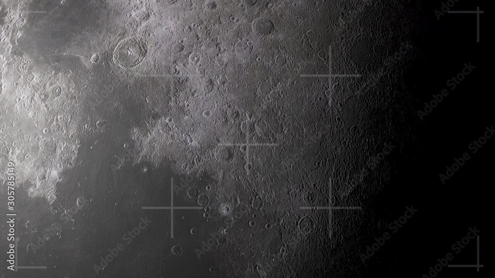 Slowly moving over the surface of a conceptual moon from space with cross hairs as if looking through a view finder