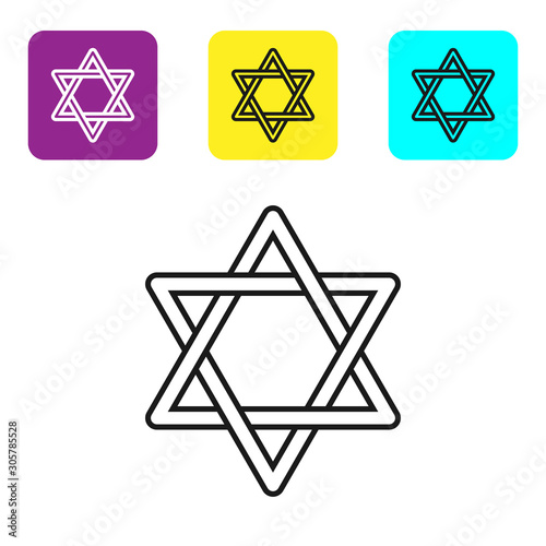 Black line Star of David icon isolated on white background. Jewish religion symbol. Symbol of Israel. Set icons colorful square buttons. Vector Illustration