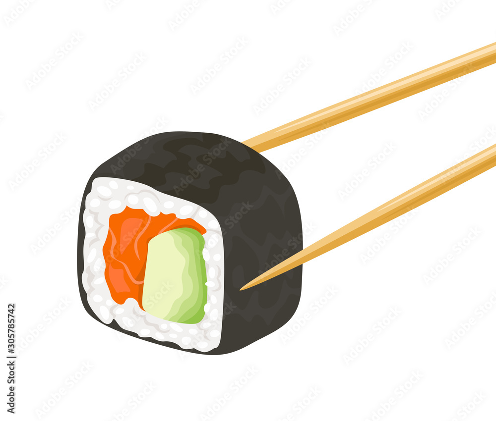 Sushi roll with avocado and salmon Isolated on white background. Wooden  chopsticks hold sushi. Vector illustration of japanese food in cartoon  simple flat style. Stock Vector | Adobe Stock