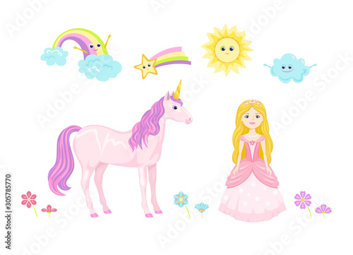Beautiful golden-haired princess in pink dress, unicorn, smiling cloud, rainbow, star, sun and flowers isolated on white background. Set of cute girlish vector illustrations in cartoon flat style.