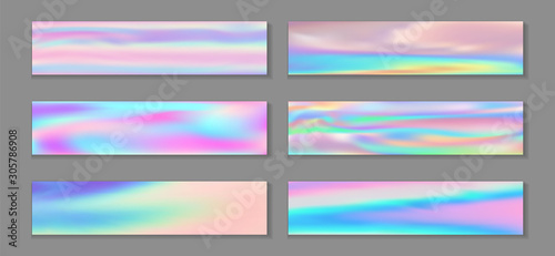 Neon holo minimal banner horizontal fluid gradient unicorn backgrounds vector set. Fairy hologram 
