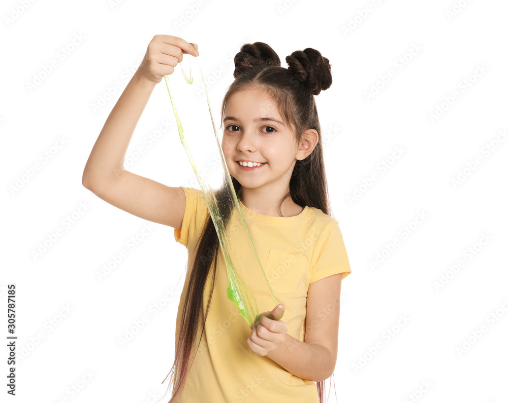Little girl with slime on white background Little girl with slime on white background