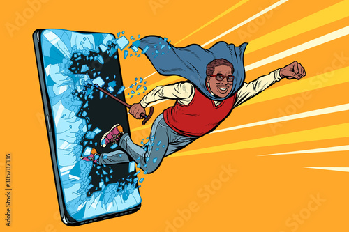 Old african man superhero punches the screen Phone gadget smartphone. Online Internet application service program