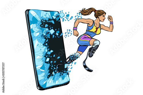 woman runner disabled leg with prosthesis Phone gadget smartphone. Online Internet application service program