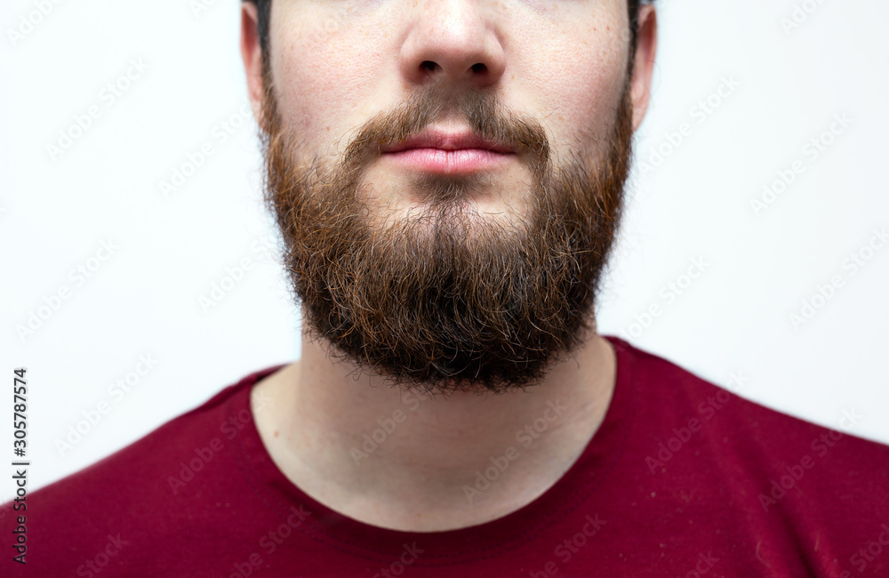 Portrait youn man with messy brown orange beard and moustache and messy hair. Bearded hipster on isolated white background with red shirt on. - obrazy, fototapety, plakaty 