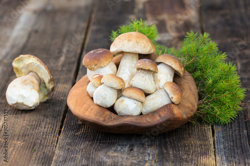 Foto Mushroom Boletus edulis over Wooden Background, close up on wood rustic table