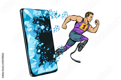 legless male athlete running with a prosthetic Phone gadget smartphone. Online Internet application service program