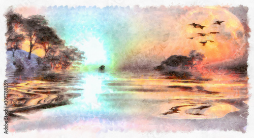 Watercolor Landscape in bright hues with islands, water and sky