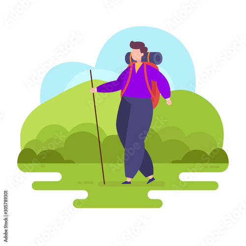 Man walk and holding stick, hiking or camping vector flat illustration