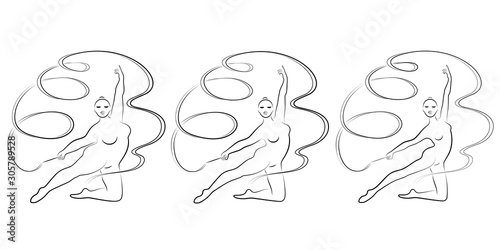 Collection. Silhouette of a cute lady, she is engaged in rhythmic gymnastics with a ribbon. The woman is overweight and slender girl athlete. Vector illustration set.
