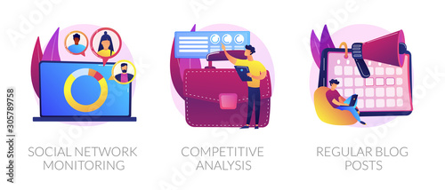 Business analytics, digital marketing icons set. Online promotion service. Social network monitoring, competitive analysis, regular blog posts metaphors. Vector isolated concept metaphor illustrations