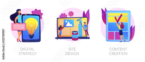 Creative writing, web development and mobile advertising flat icons set. Outbound marketing. Digital strategy, site design, content creation metaphors. Vector isolated concept metaphor illustrations