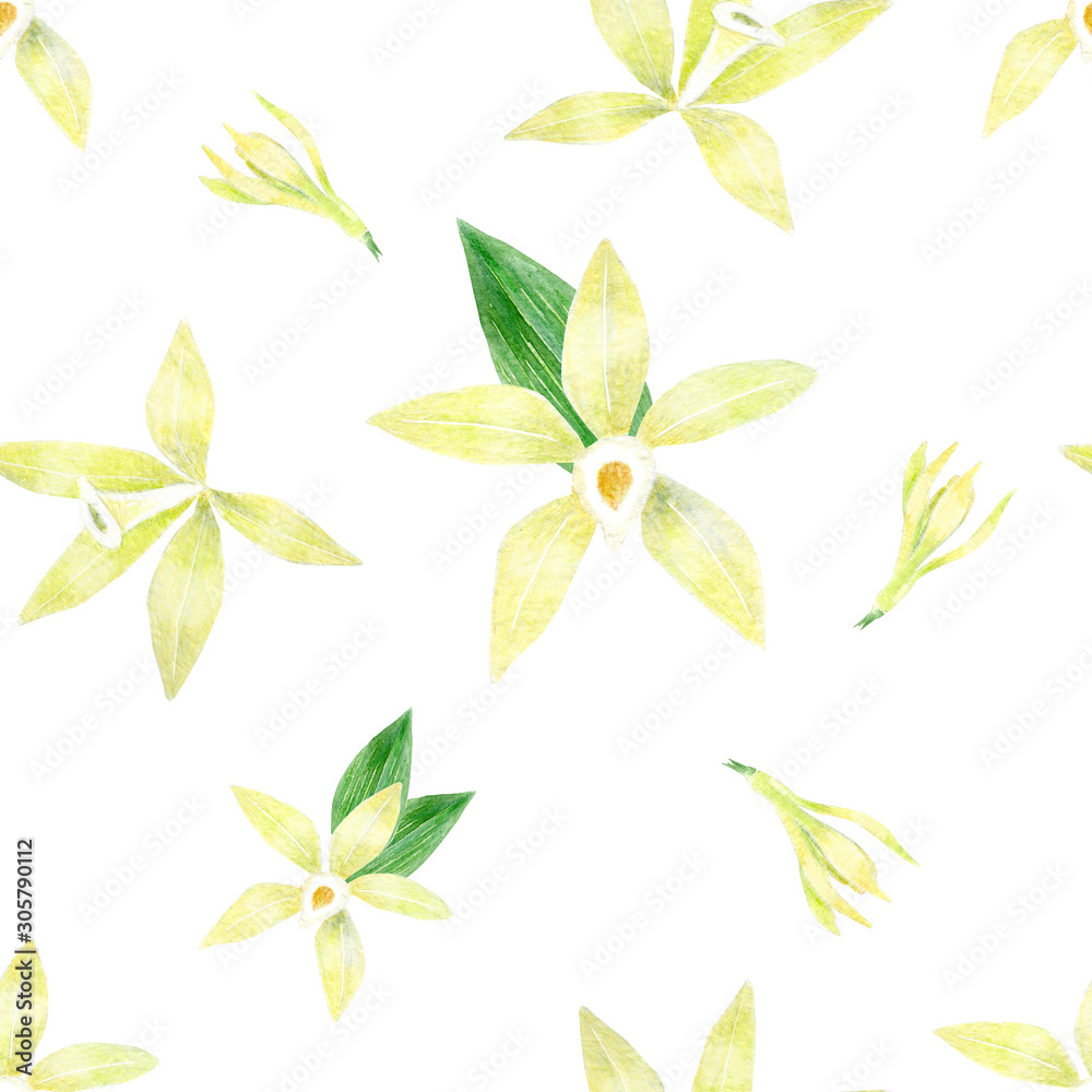 Fototapeta premium Watercolor seamless pattern with yellow vanilla flowers.