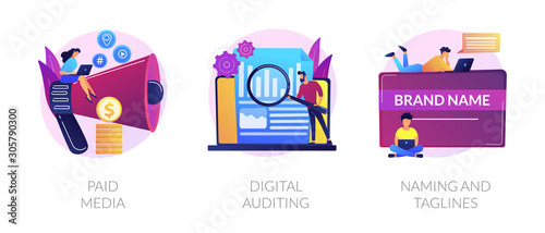 Company services icons set. Marketing platform, online documentation inspection, corporate identity development. Paid media, digital auditing metaphors. Vector isolated concept metaphor illustrations