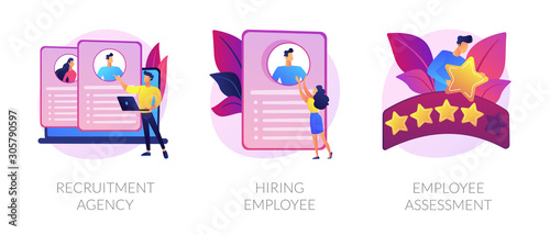 Employer actions icons set. Employment service  resume search  staff selection. Recruitment agency  hiring employee  employee assessment metaphors. Website web page template - concept metaphors.