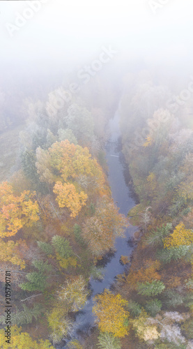 Forest in autumn colors. Colored trees and a meandering blue river. Red, yellow, orange, green deciduous trees in fall. Peetri river, Estonia, Europe