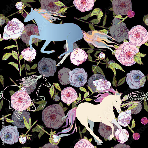 Horses and leaves, stems and inflorescences of peonies and roses vector illustration. Picture with pink, blue and white flowers on black background. Endless pattern.