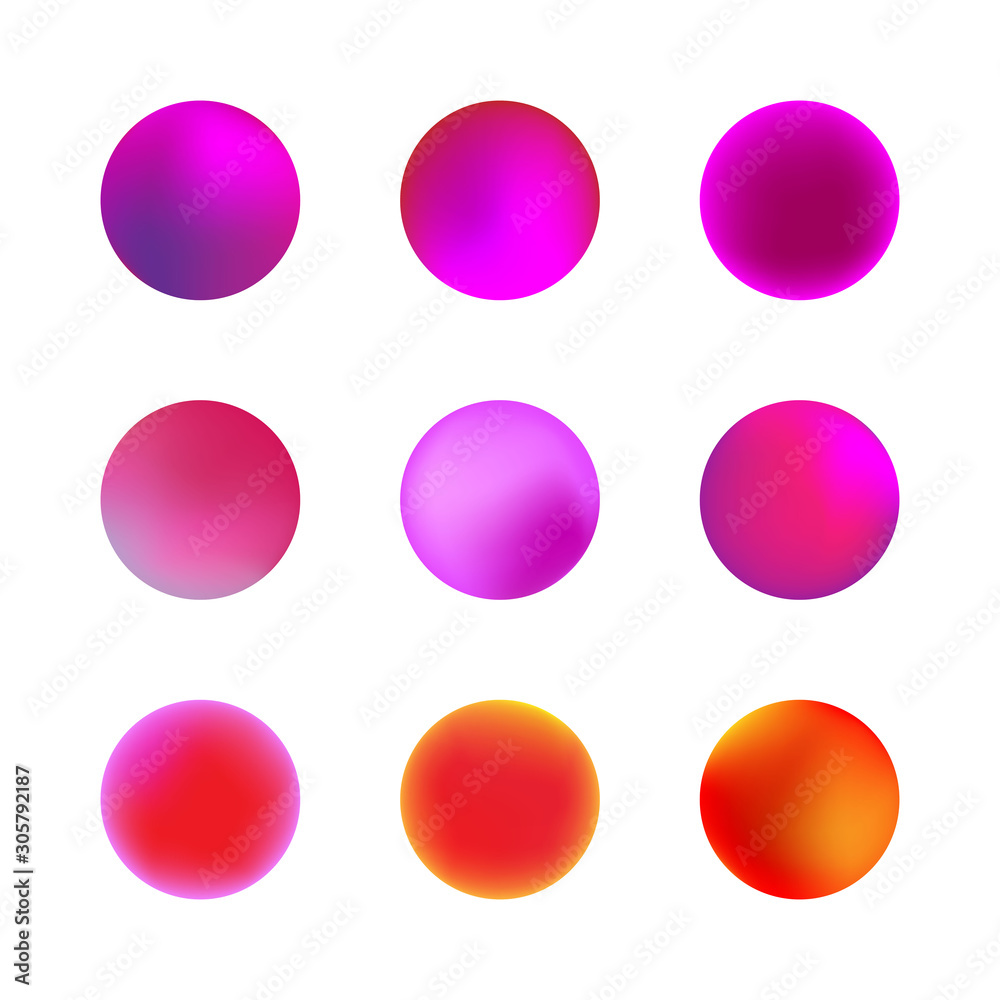 Vector set of holographic gradient sphere. Pink or violet neon circle gradients. Colorful round buttons isolated on white background. Vector set of holographic gradient sphere. Pink or violet neon circle gradients. Colorful round buttons isolated on white background.
