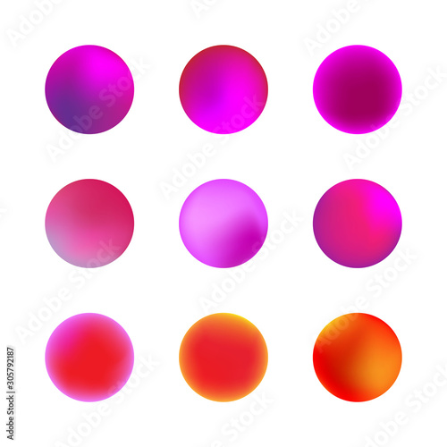Vector set of holographic gradient sphere. Pink or violet neon circle gradients. Colorful round buttons isolated on white background.