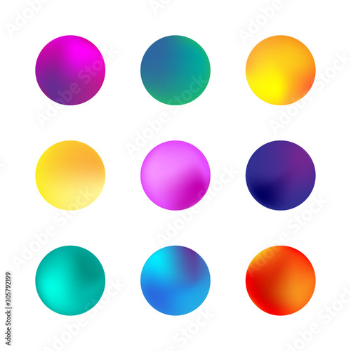 Vector set of holographic gradient sphere. Different neon circle gradients. Colorful round buttons isolated on white background.