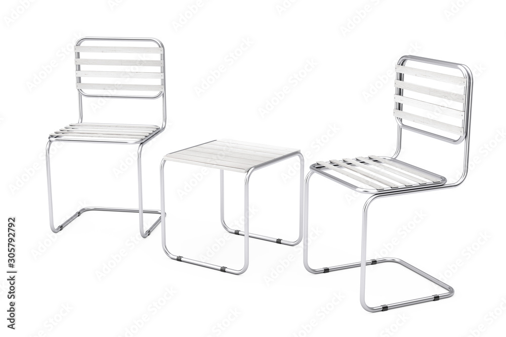 Obraz premium Set of Modern Metal Chairs and Table with Wooden Planks. 3d Rendering